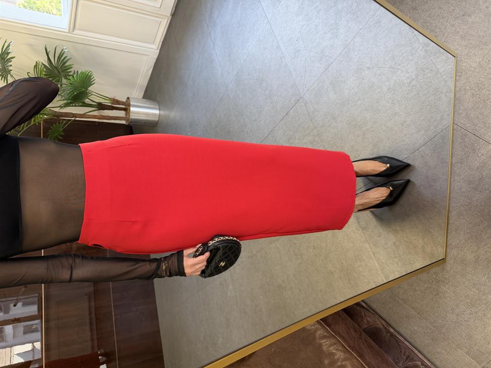 Kırmızı Kalp Detay Yırtmaçlı Etek