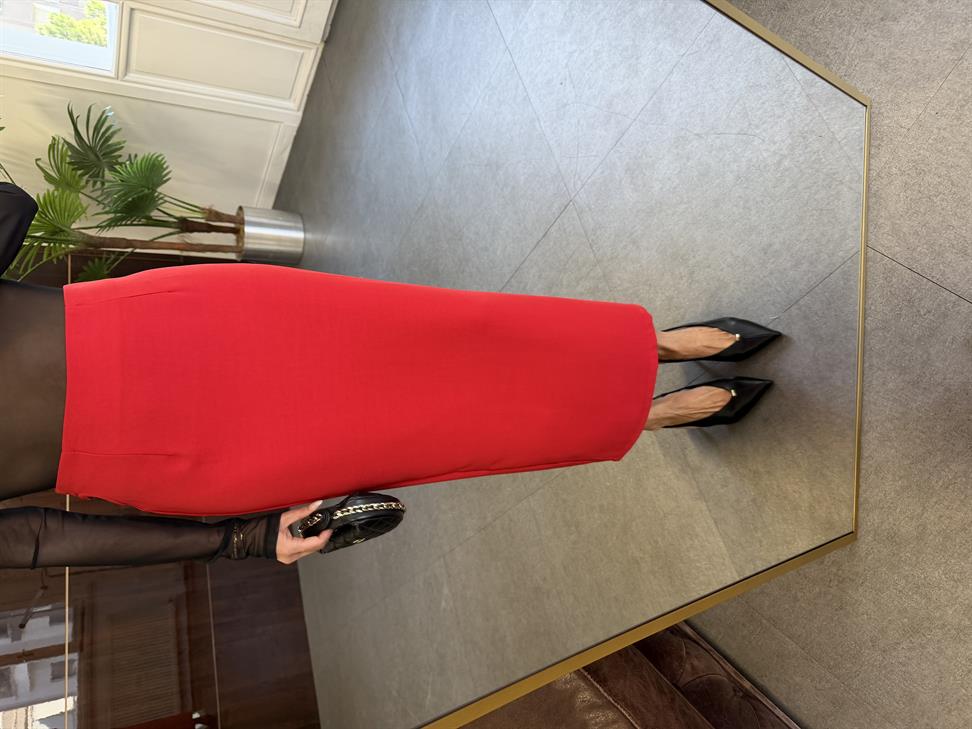 Kırmızı Kalp Detay Yırtmaçlı Etek