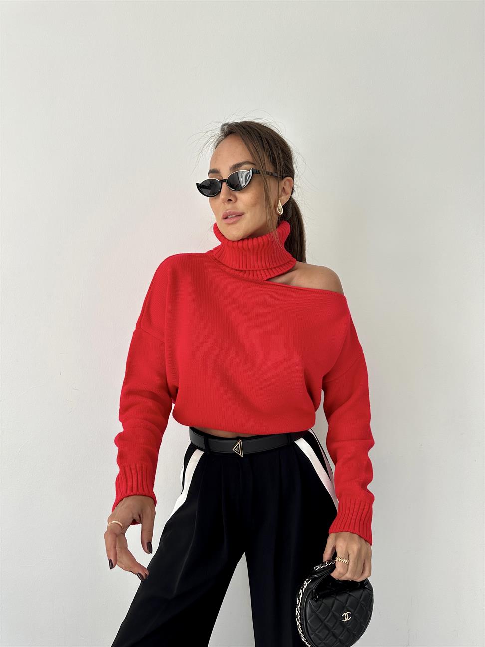 Kırmızı Omzu Pencereli Balıkçı Kazak