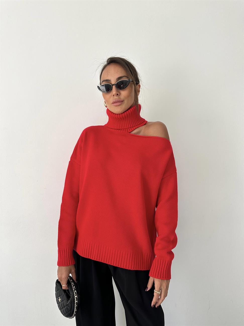 Kırmızı Omzu Pencereli Balıkçı Kazak