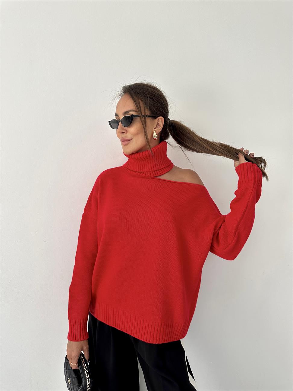 Kırmızı Omzu Pencereli Balıkçı Kazak