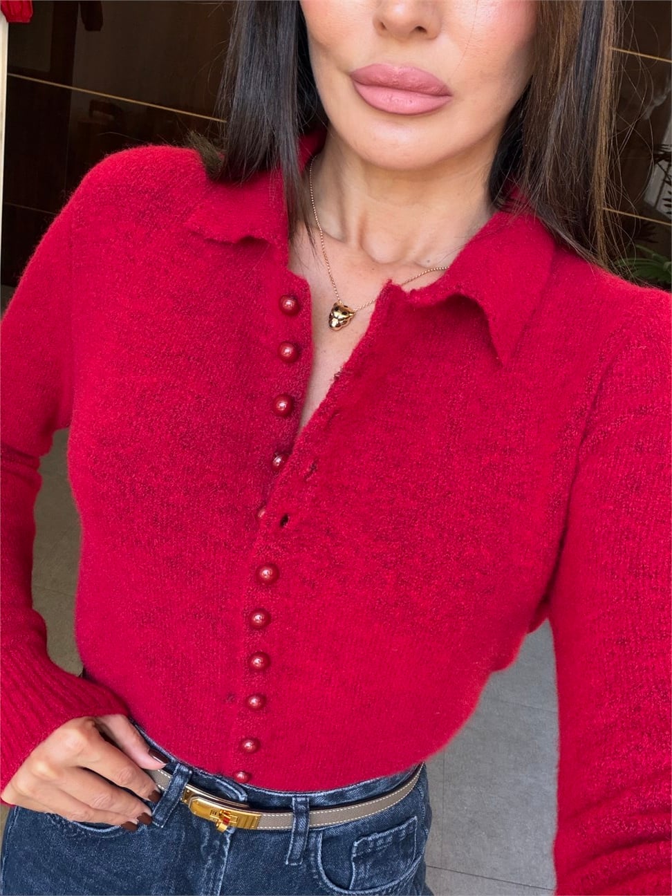 Kırmızı Polo Yaka Yumuşak Dokulu Caz Hırka
