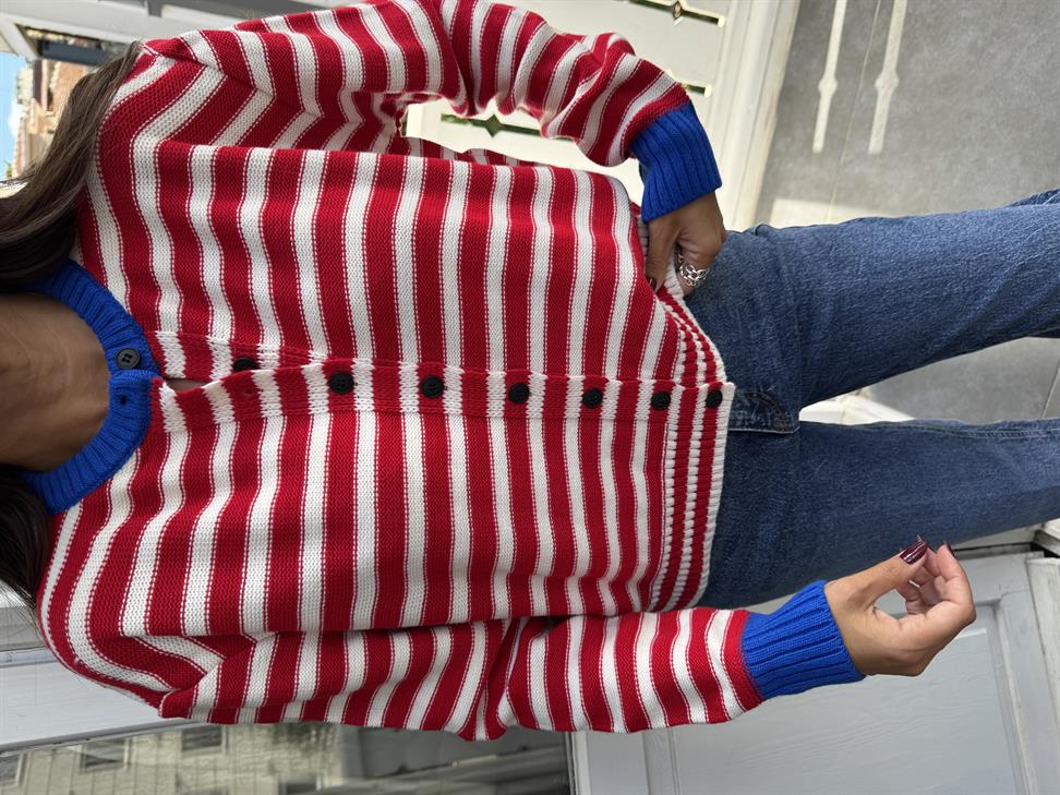 Kırmızı-Saks Çizgili Renkli Hırka