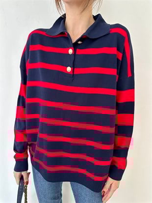 Kırmızı Şeritli Siyah Triko