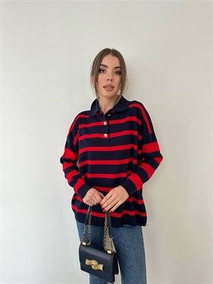 Kırmızı Şeritli Siyah Triko