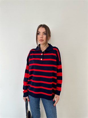 Kırmızı Şeritli Siyah Triko