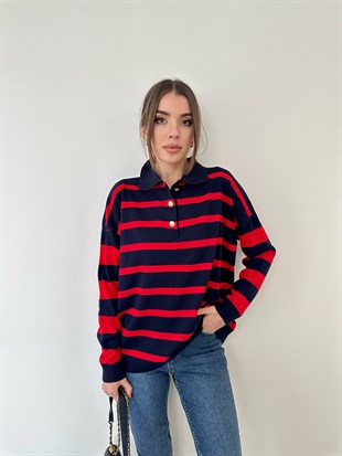 Kırmızı Şeritli Siyah Triko