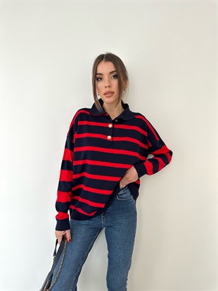 Kırmızı Şeritli Siyah Triko