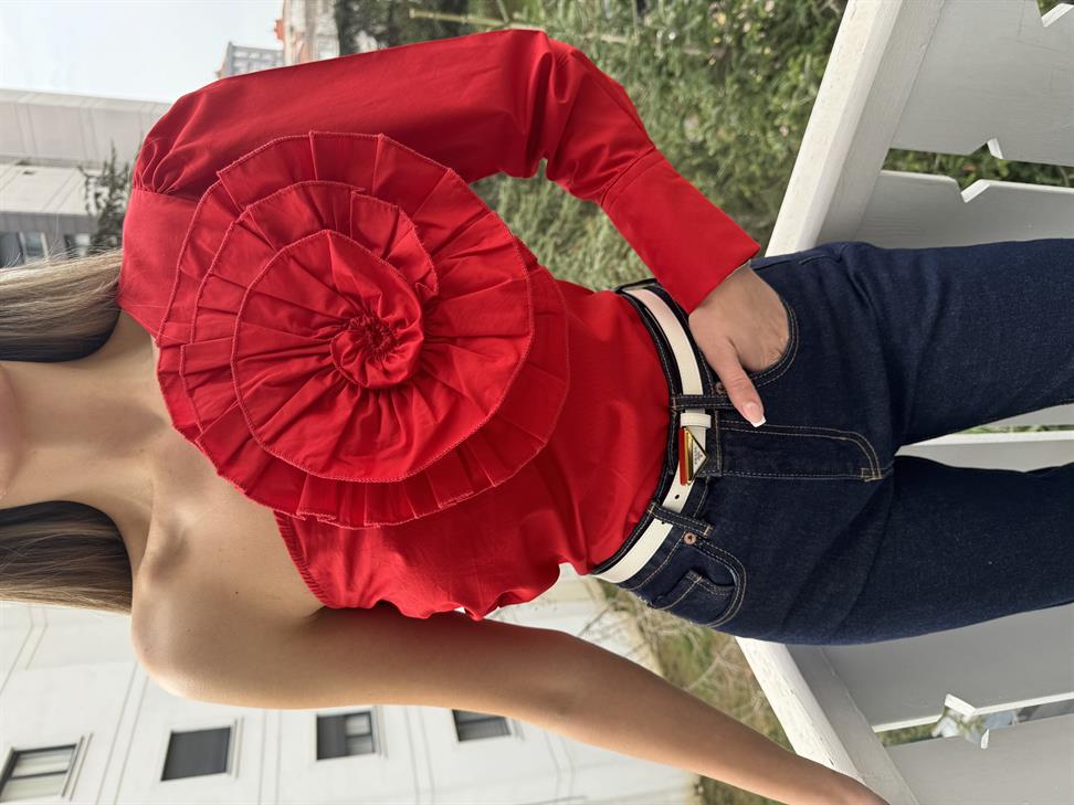 Kırmızı Tasarım Gül Detay Tek Kol Bluz