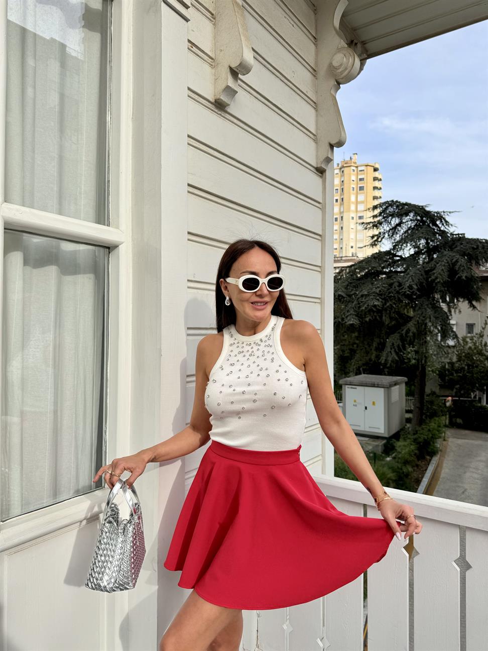 Kırmızı Volanlı Mini Etek