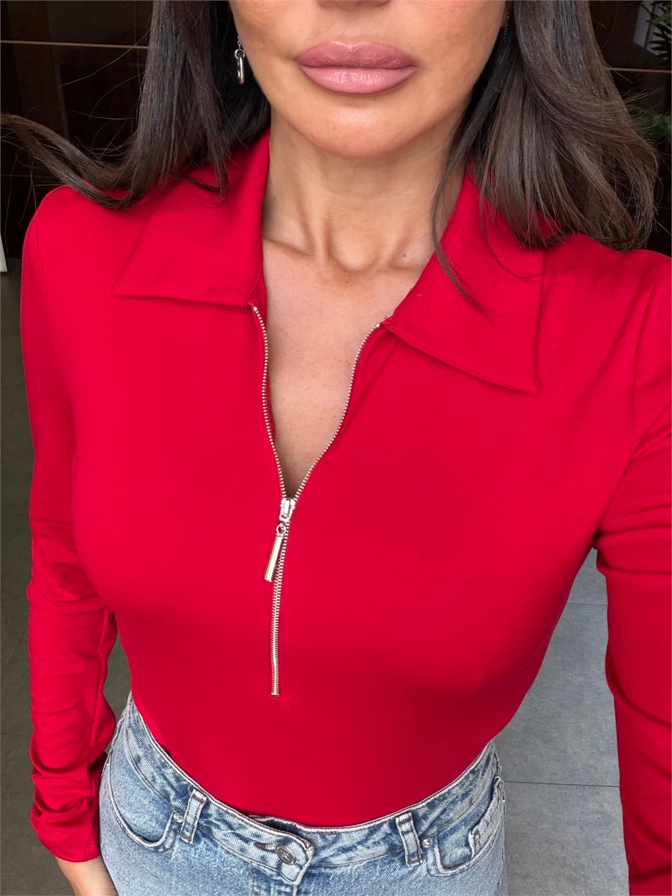 Kırmızı Yarım Fermuarlı Bodysuit