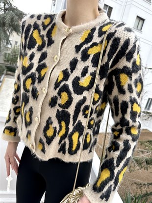 Kısa Leopar Şardonlu Hırka Milk Antrasit