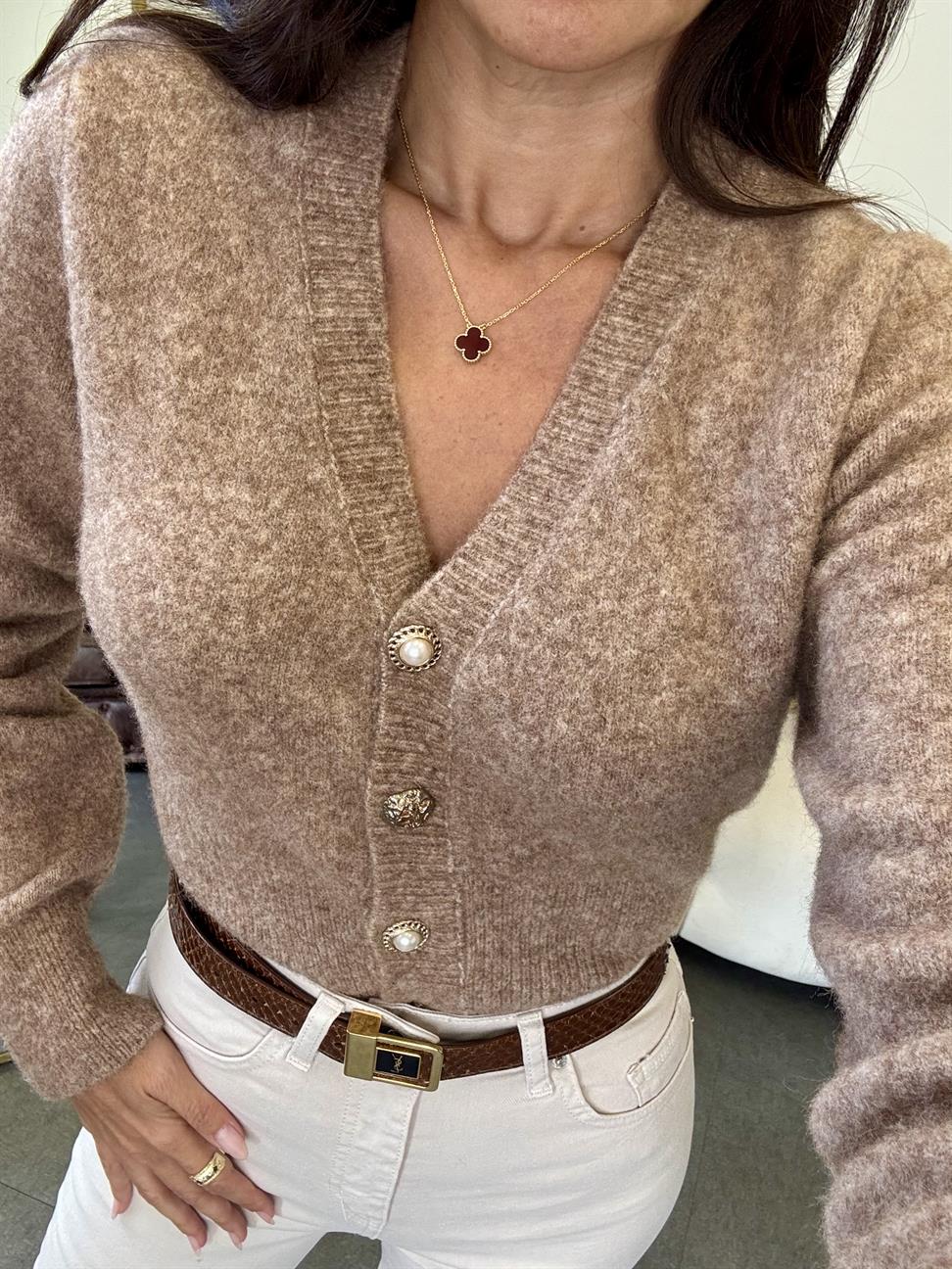 Koyu Bej Melanj V Yaka Düğmeli Triko Hırka