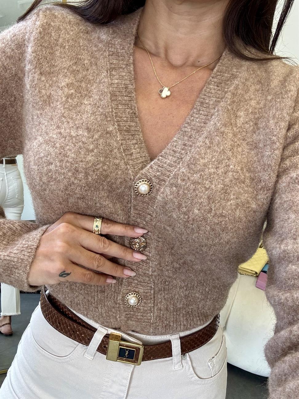 Koyu Bej Melanj V Yaka Düğmeli Triko Hırka