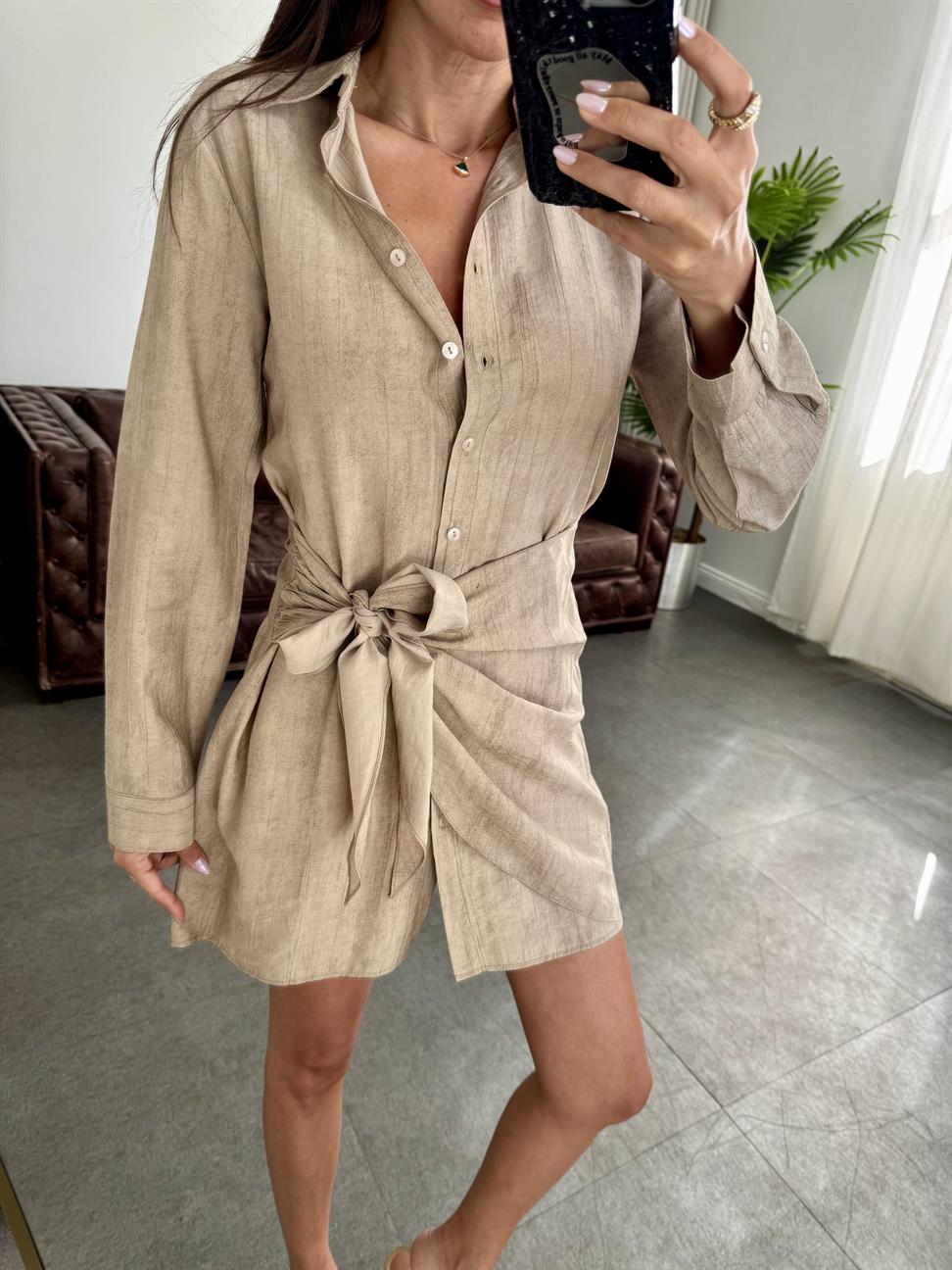 Koyu Bej Yandan Bağlamalı Gömlek Elbise