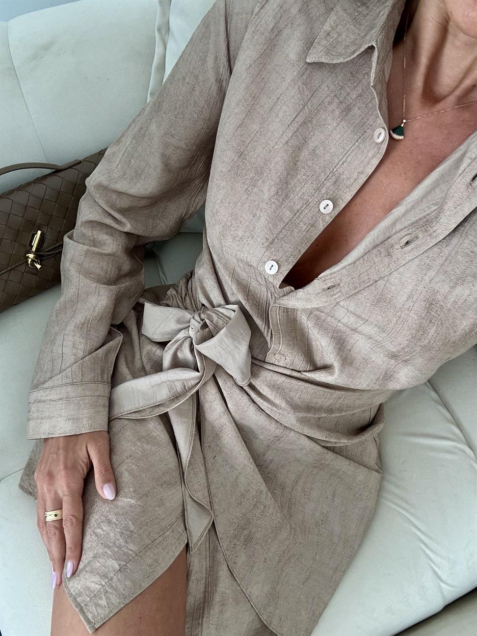 Koyu Bej Yandan Bağlamalı Gömlek Elbise