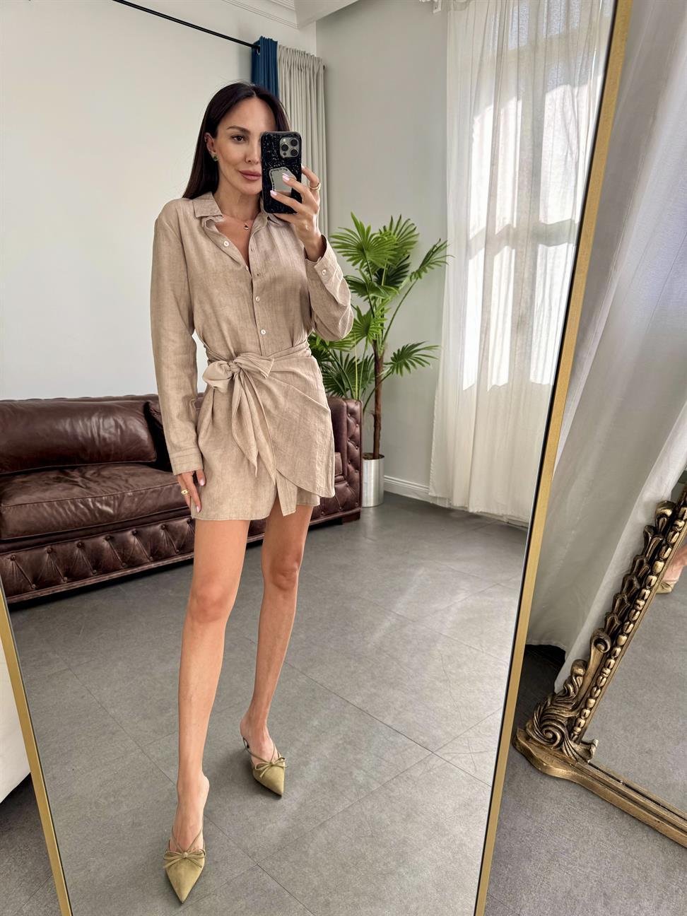 Koyu Bej Yandan Bağlamalı Gömlek Elbise