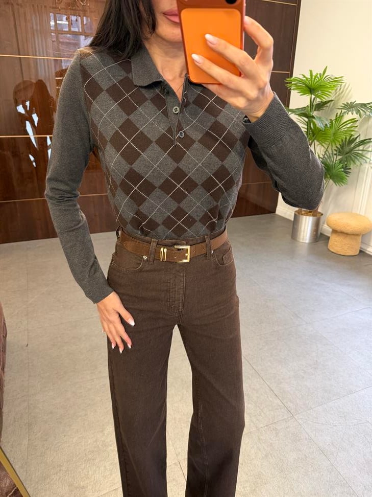 Koyu Gri Ekoseli Kazak