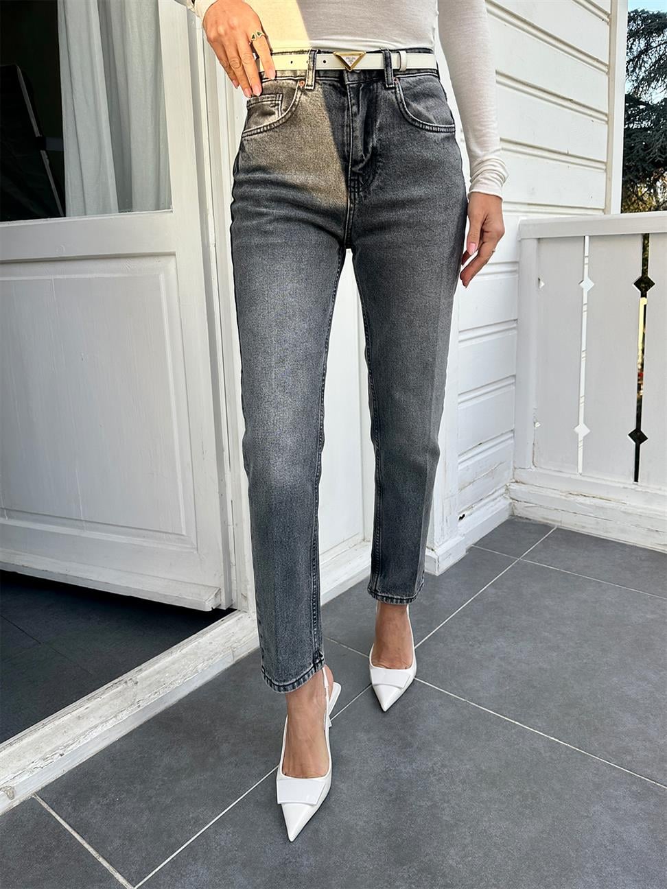 Koyu Gri Mom Fit Jean Pantolon