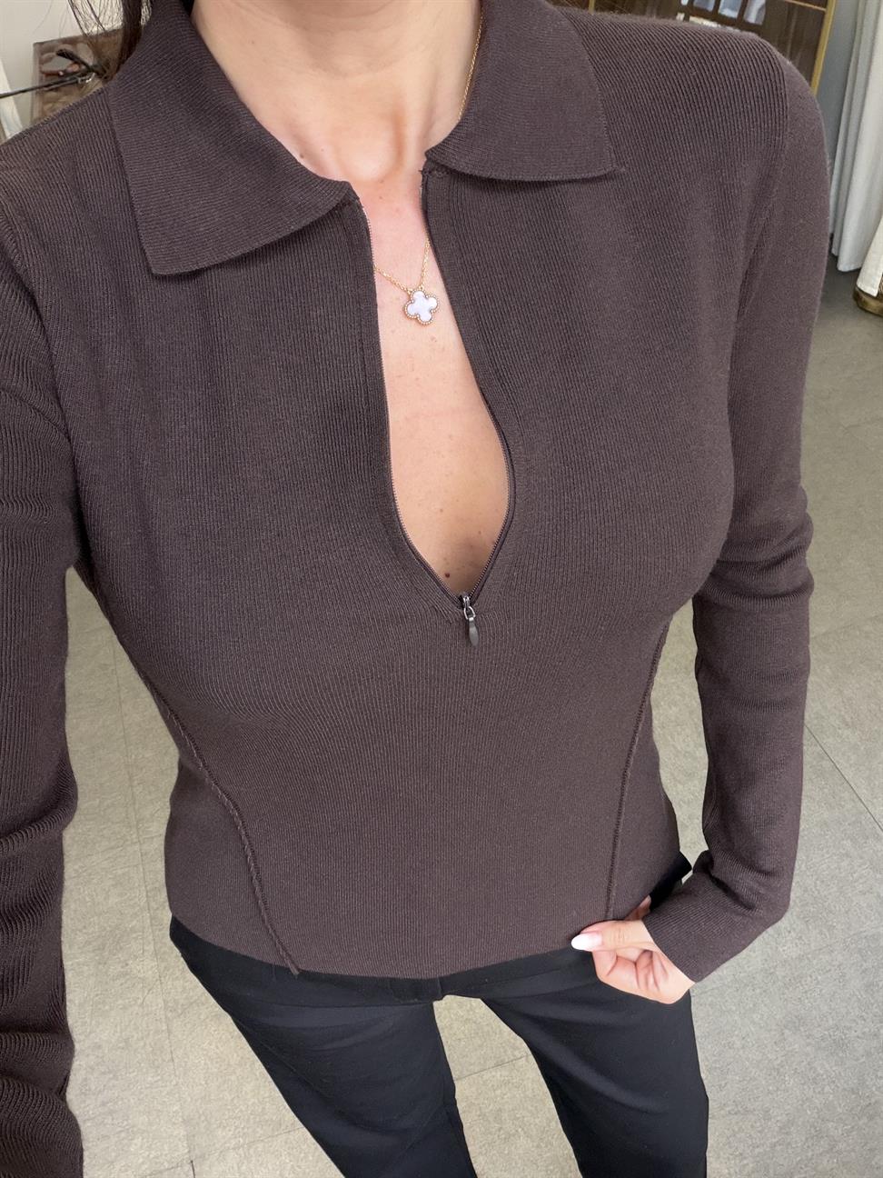 Koyu Kahve Kaşmir Karışımlı Fermuarlı Kazak