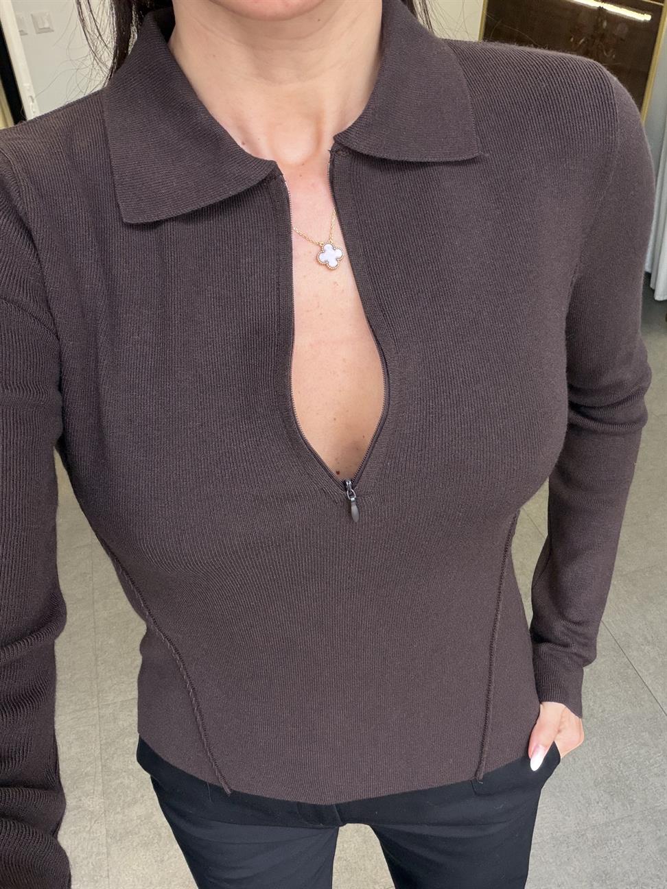 Koyu Kahve Kaşmir Karışımlı Fermuarlı Kazak