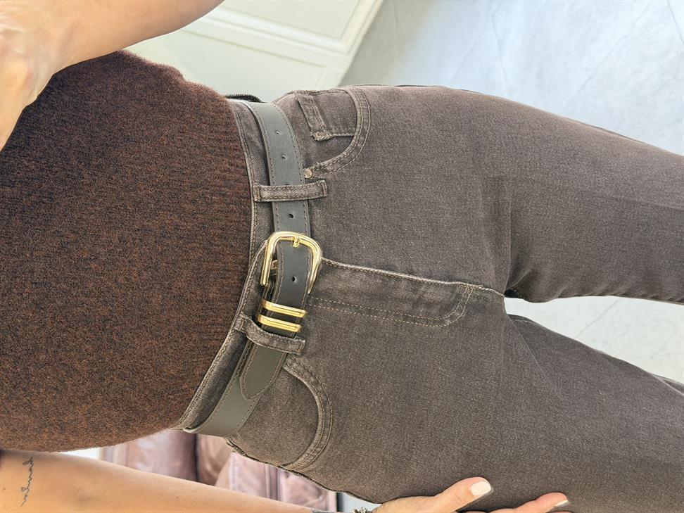 Koyu Kahve Kemerli Mom Jean
