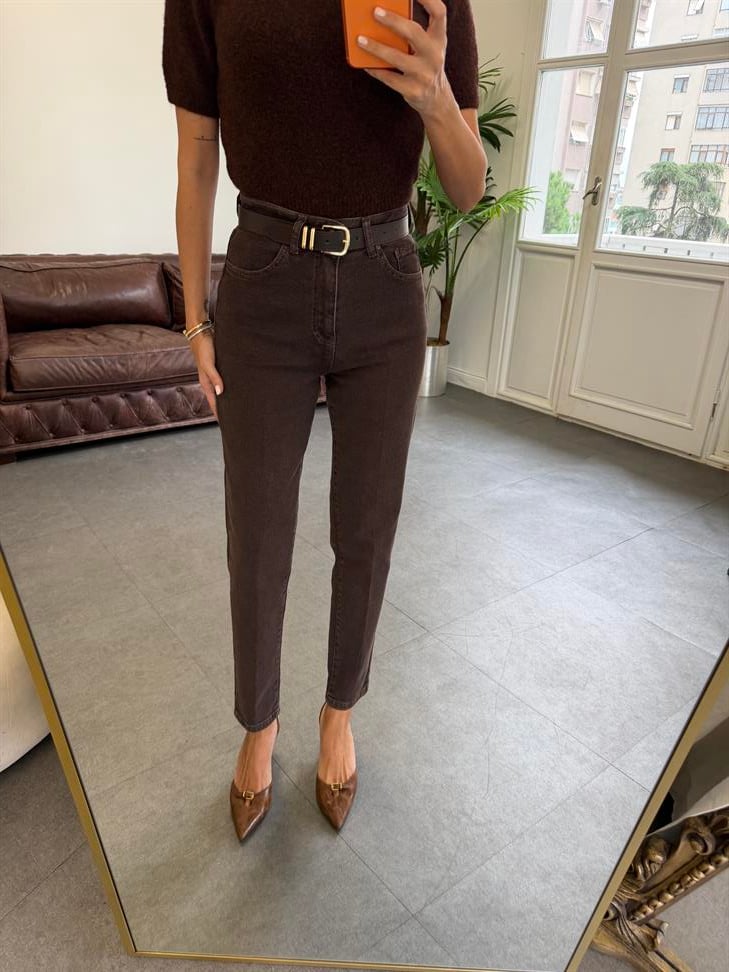 Koyu Kahve Kemerli Mom Jean