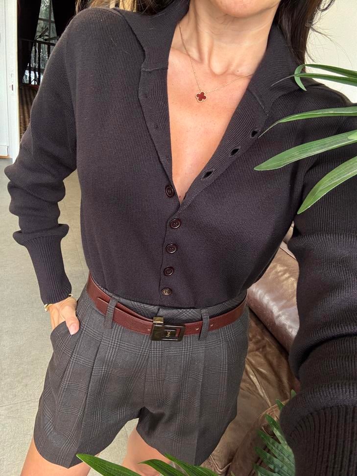 Koyu Kahve Polo Yaka Yünlü Düğmeli Triko Kazak