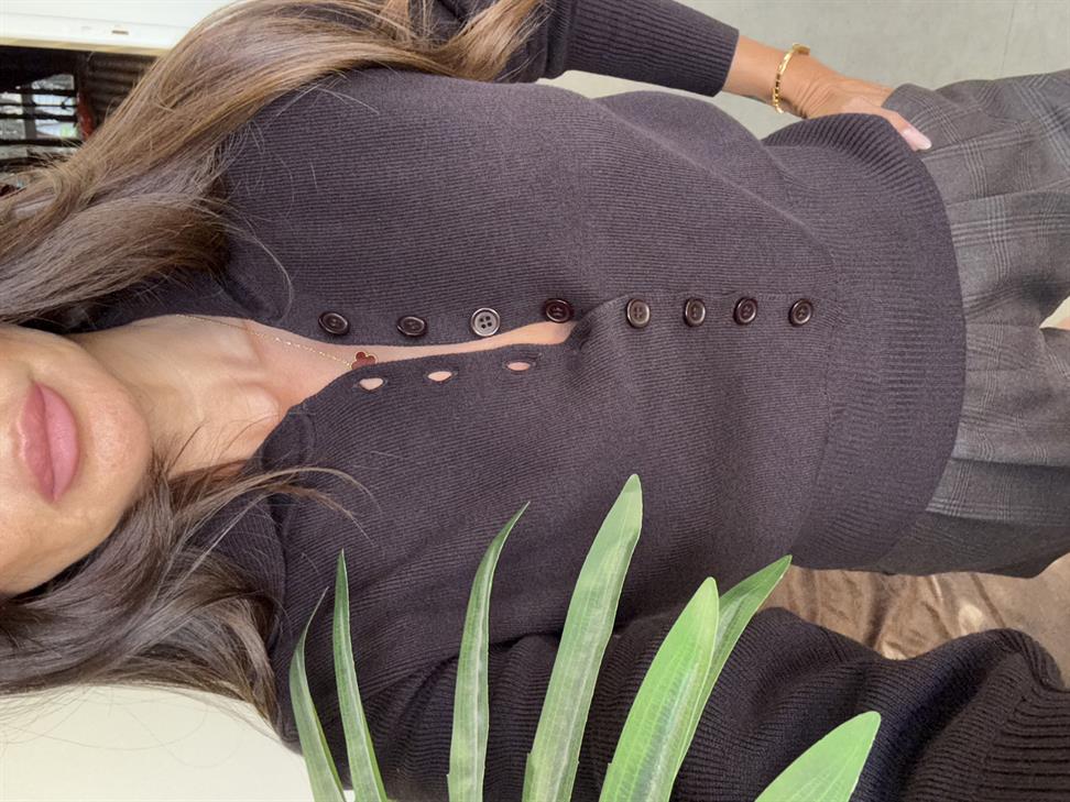 Koyu Kahve Polo Yaka Yünlü Düğmeli Triko Kazak