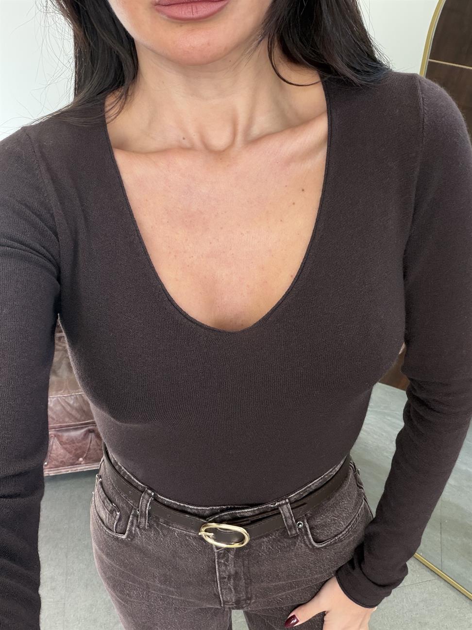 Koyu Kahve V Yaka Kaşmirli Ultra Hafif Triko Kazak