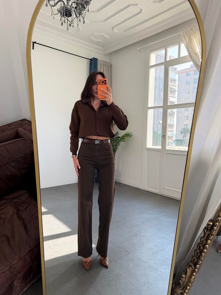 Koyu Kahve Yıkamalı Düz Kesim Jean Pantolon