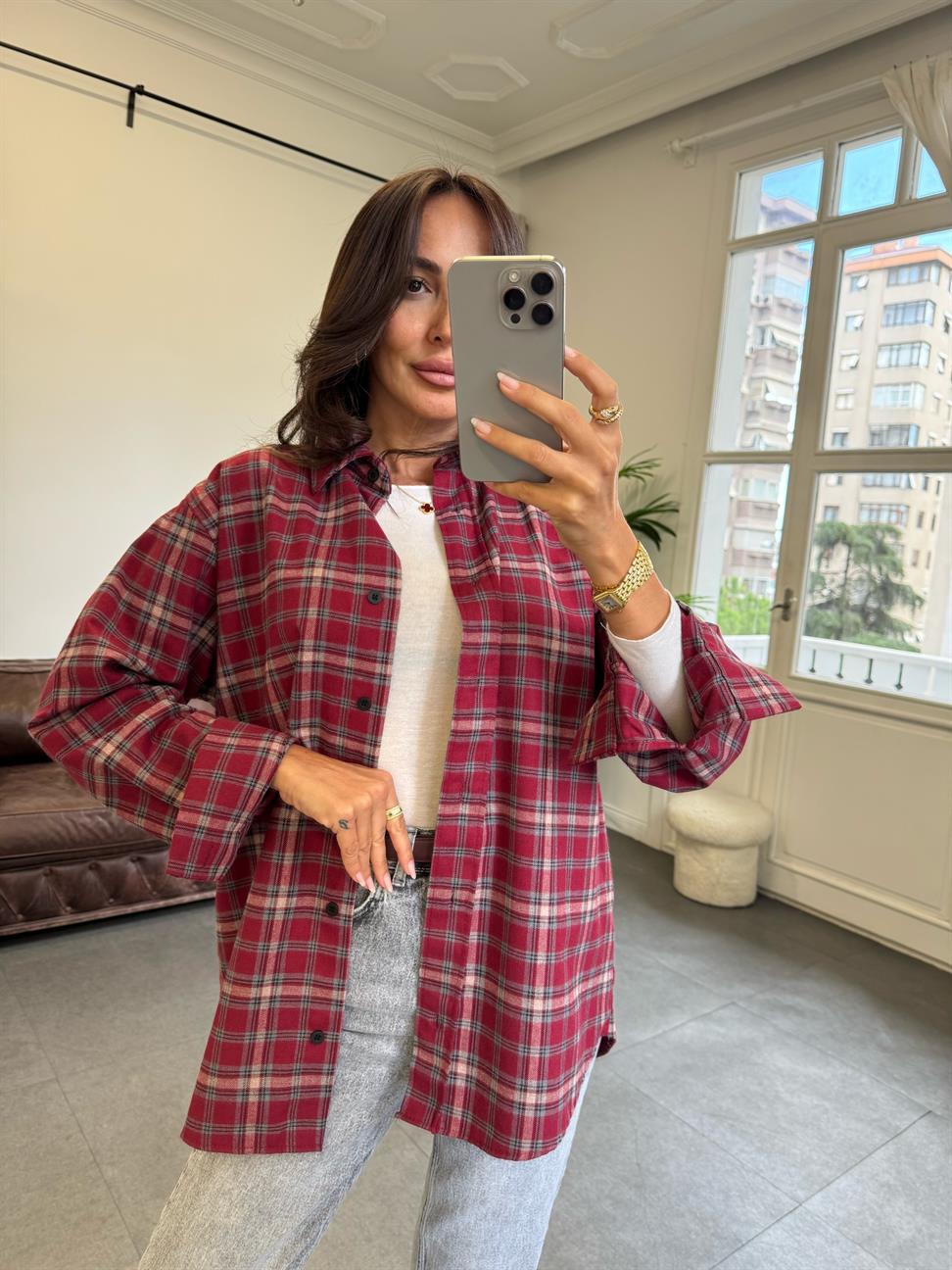 Koyu Kırmızı Ekose Desen Gömlek