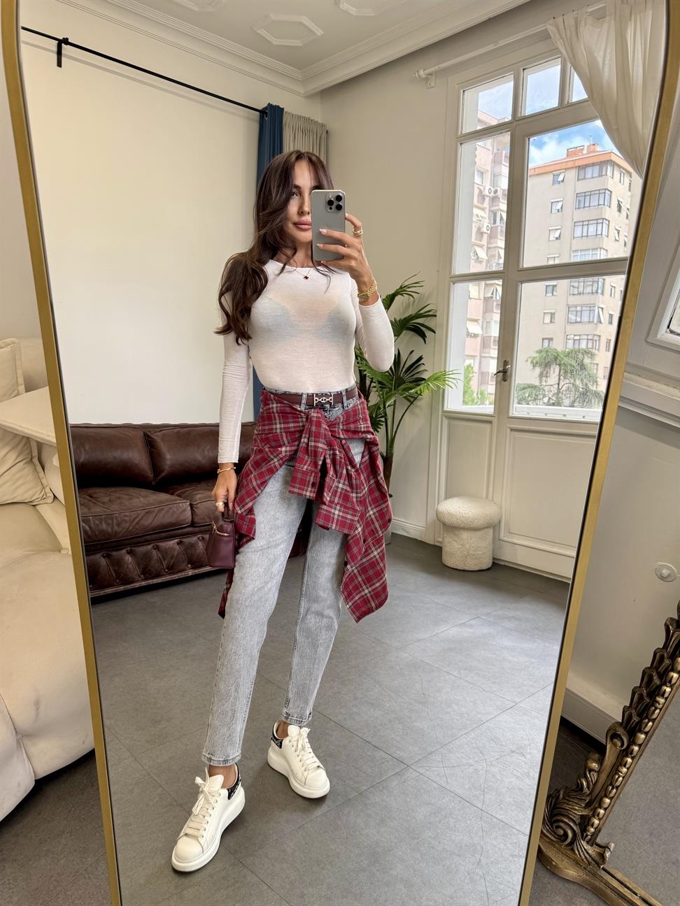 Koyu Kırmızı Ekose Desen Gömlek