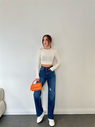 Koyu Mavi Bol Paça Kesik Mom Jean