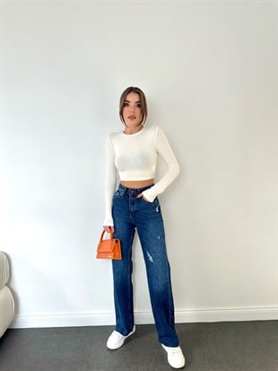 Koyu Mavi Bol Paça Kesik Mom Jean