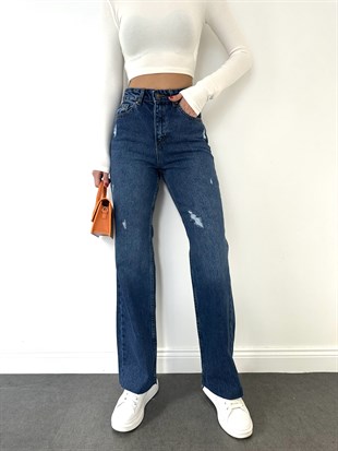 Koyu Mavi Bol Paça Kesik Mom Jean