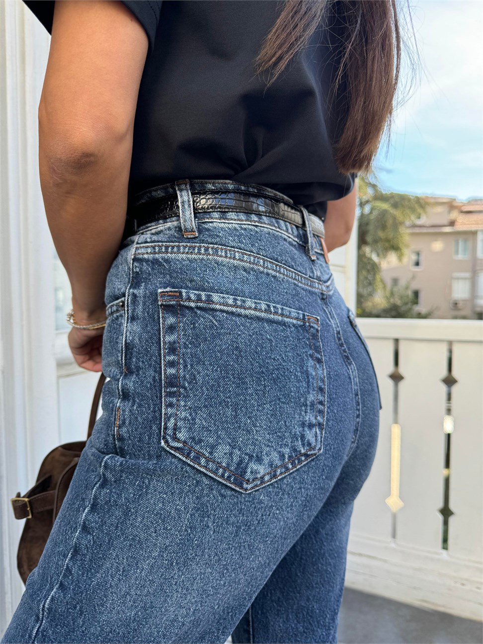 Koyu Mavi Çizgi Ütü Straight Jean Pantolon