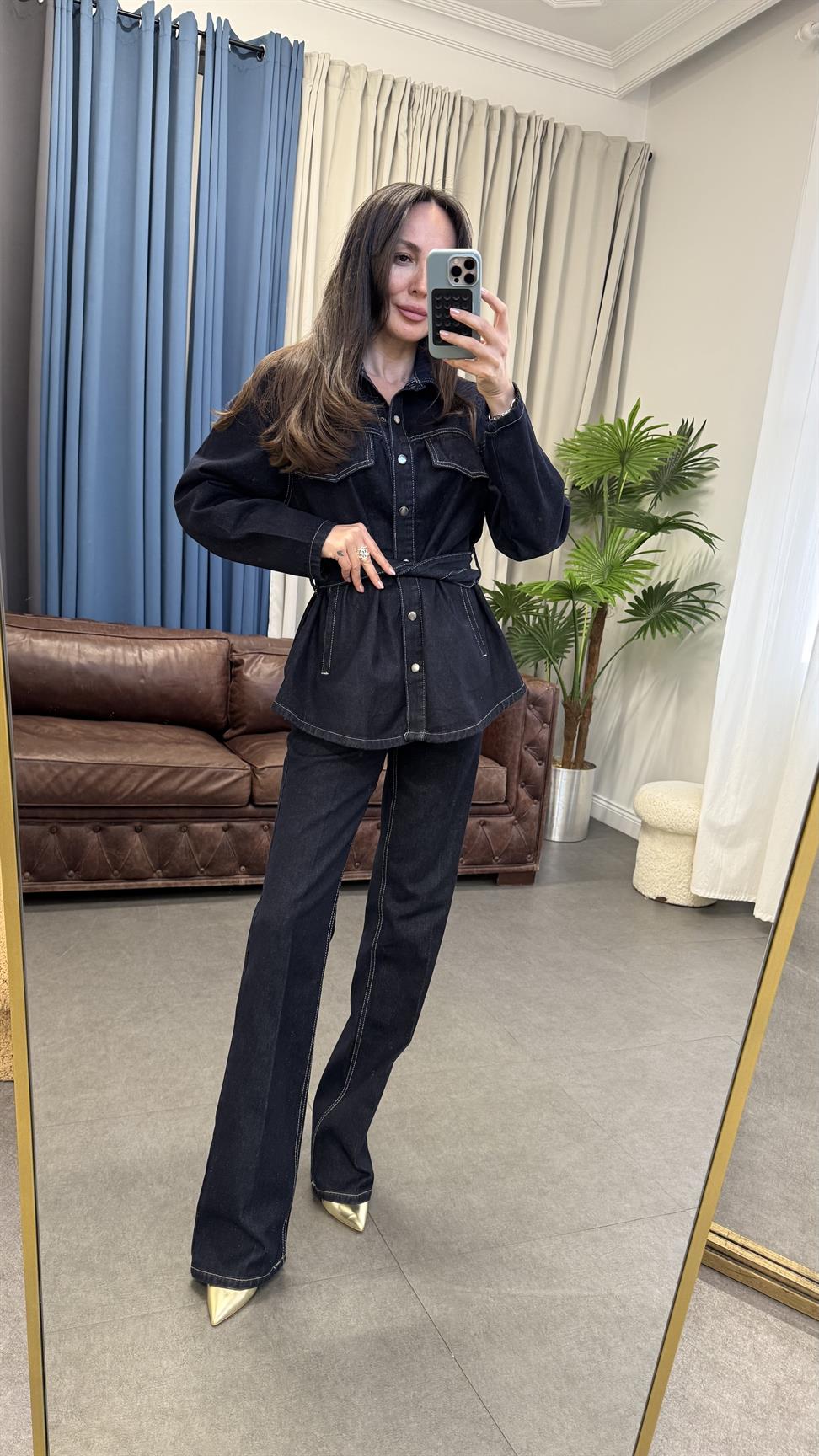 Koyu Mavi Kuşaklı Denim Takım