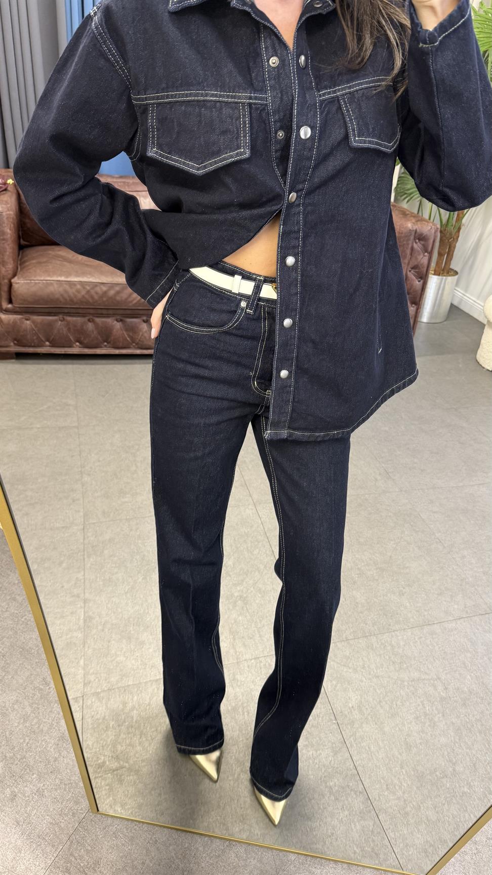 Koyu Mavi Kuşaklı Denim Takım