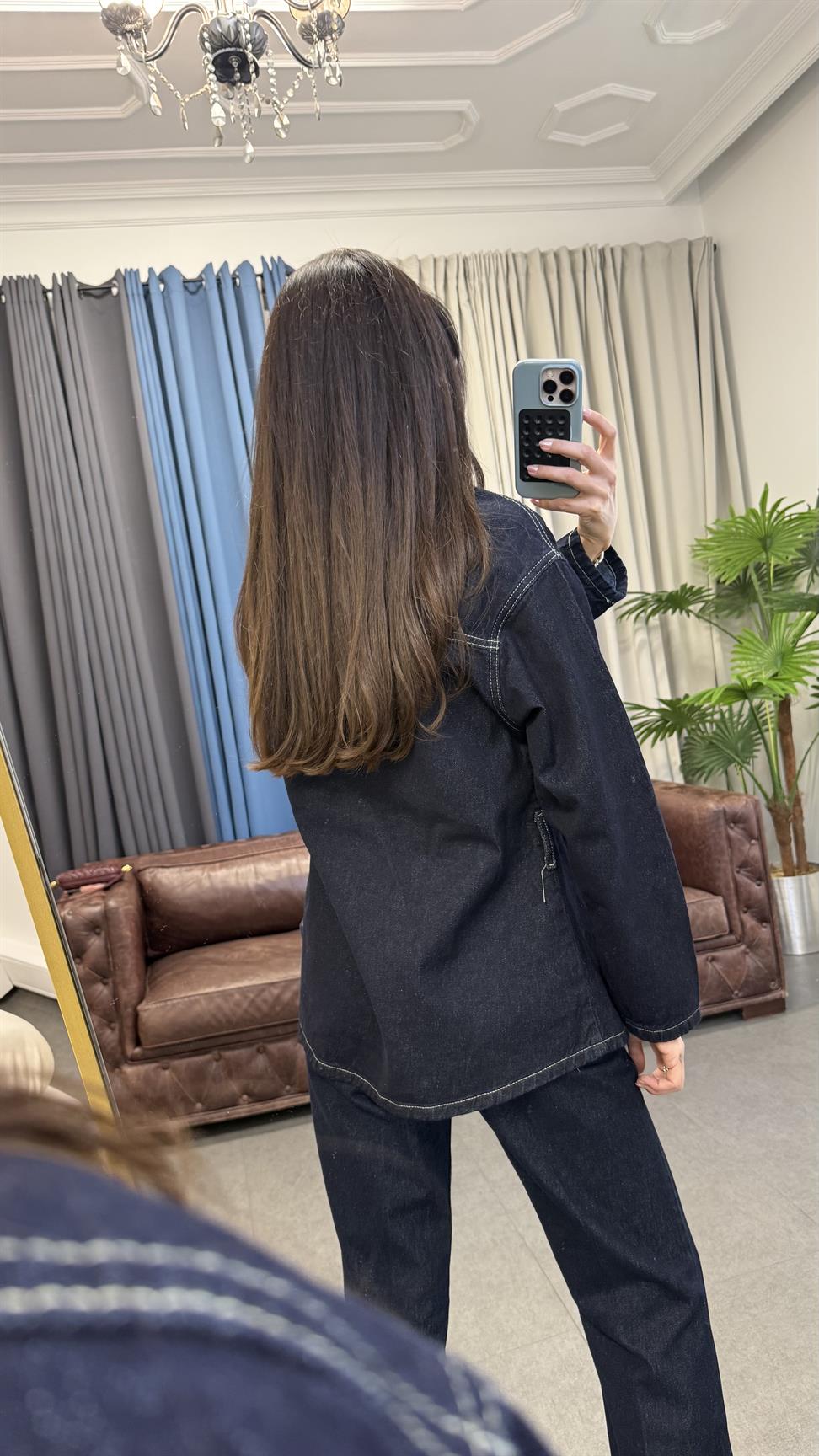 Koyu Mavi Kuşaklı Denim Takım