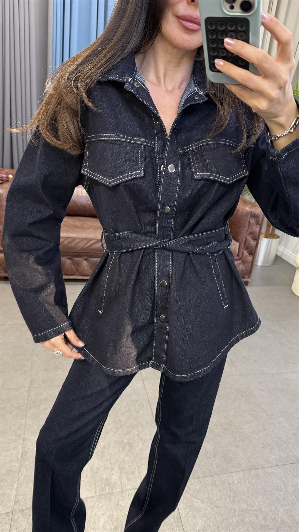 Koyu Mavi Kuşaklı Denim Takım