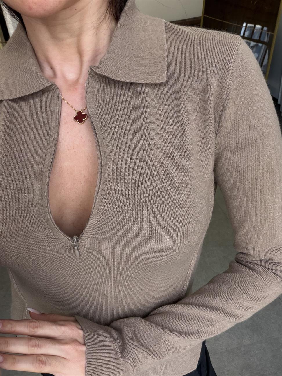 Koyu Vizon Kaşmir Karışımlı Fermuarlı Kazak