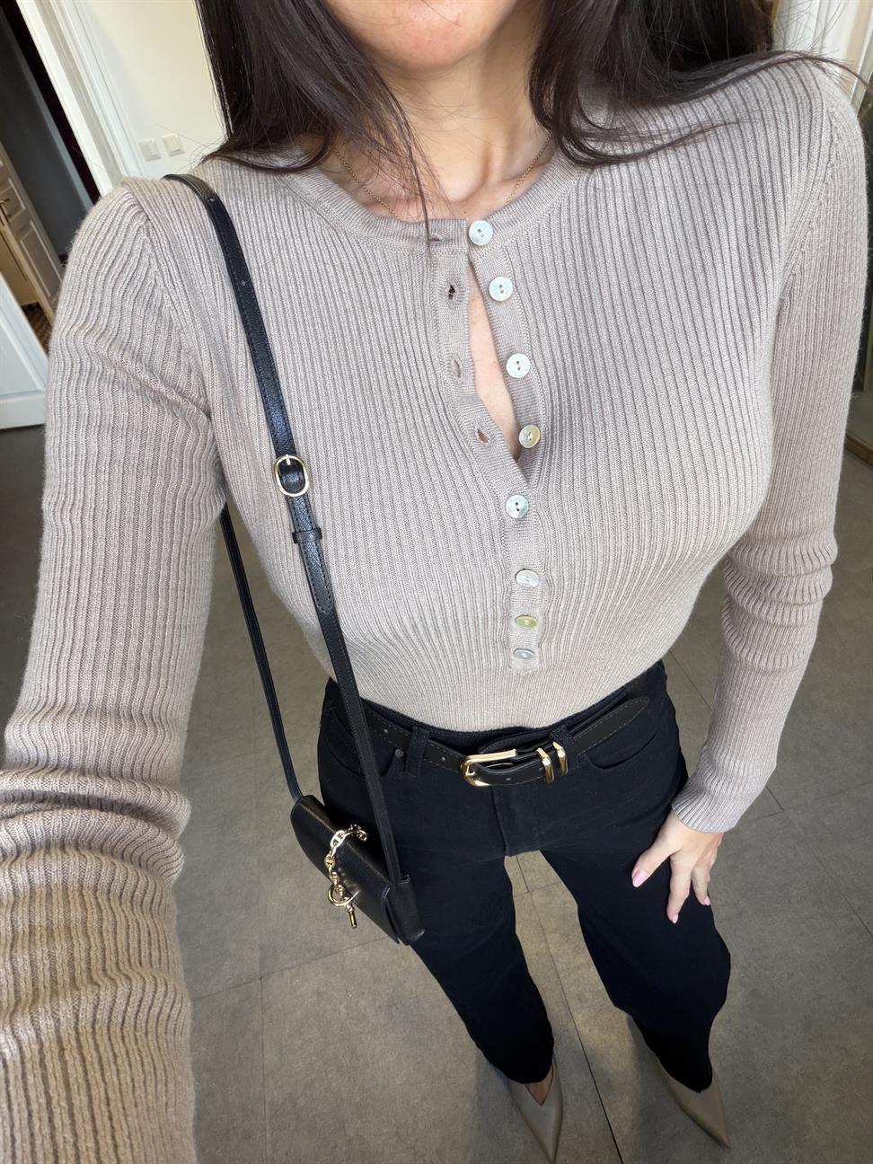 Koyu Vizon Melanj Bisiklet Yaka Yünlü Düğmeli Triko Kazak