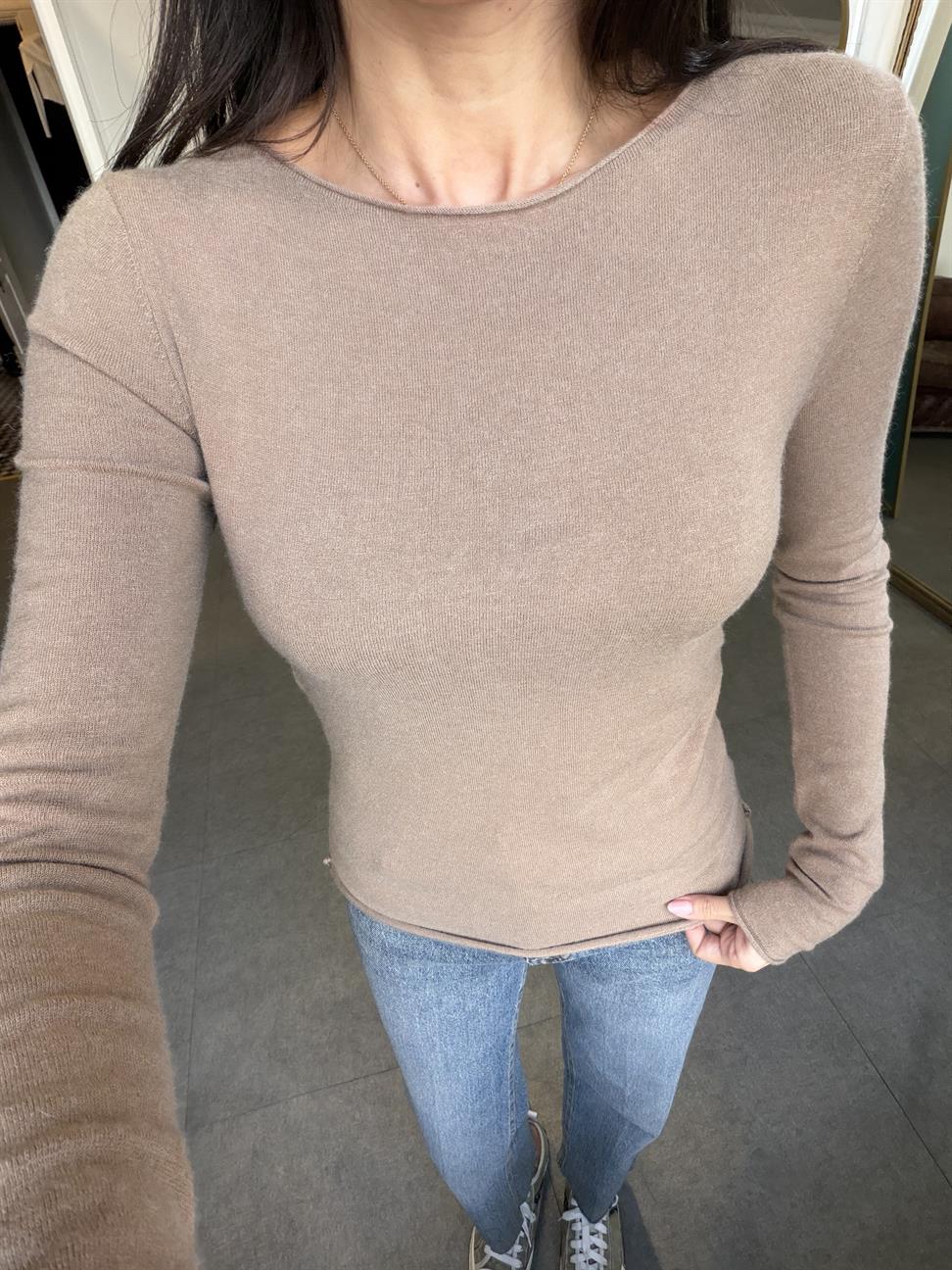 Koyu Vizon Melanj Kayık Yaka Kaşmirli Ultra Hafif Triko Kazak