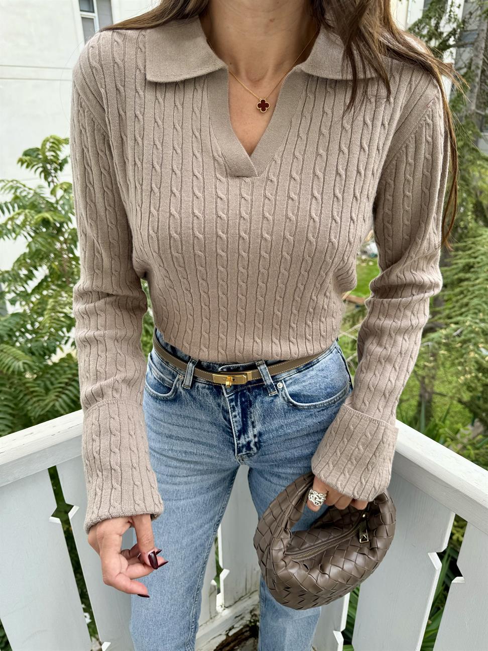 Koyu Vizon Polo Yaka Saç Örgü Triko Kazak