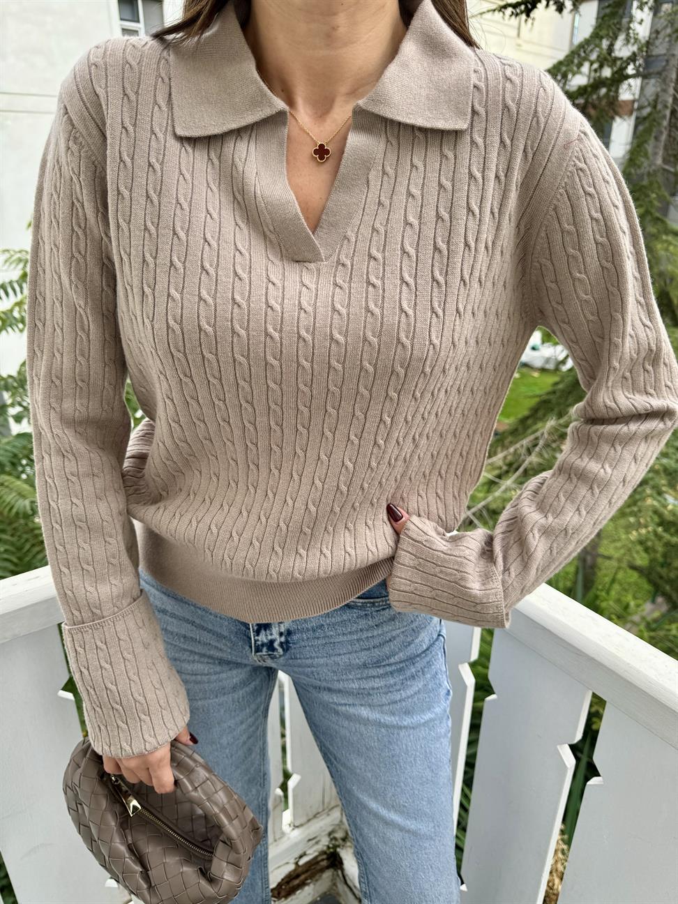 Koyu Vizon Polo Yaka Saç Örgü Triko Kazak