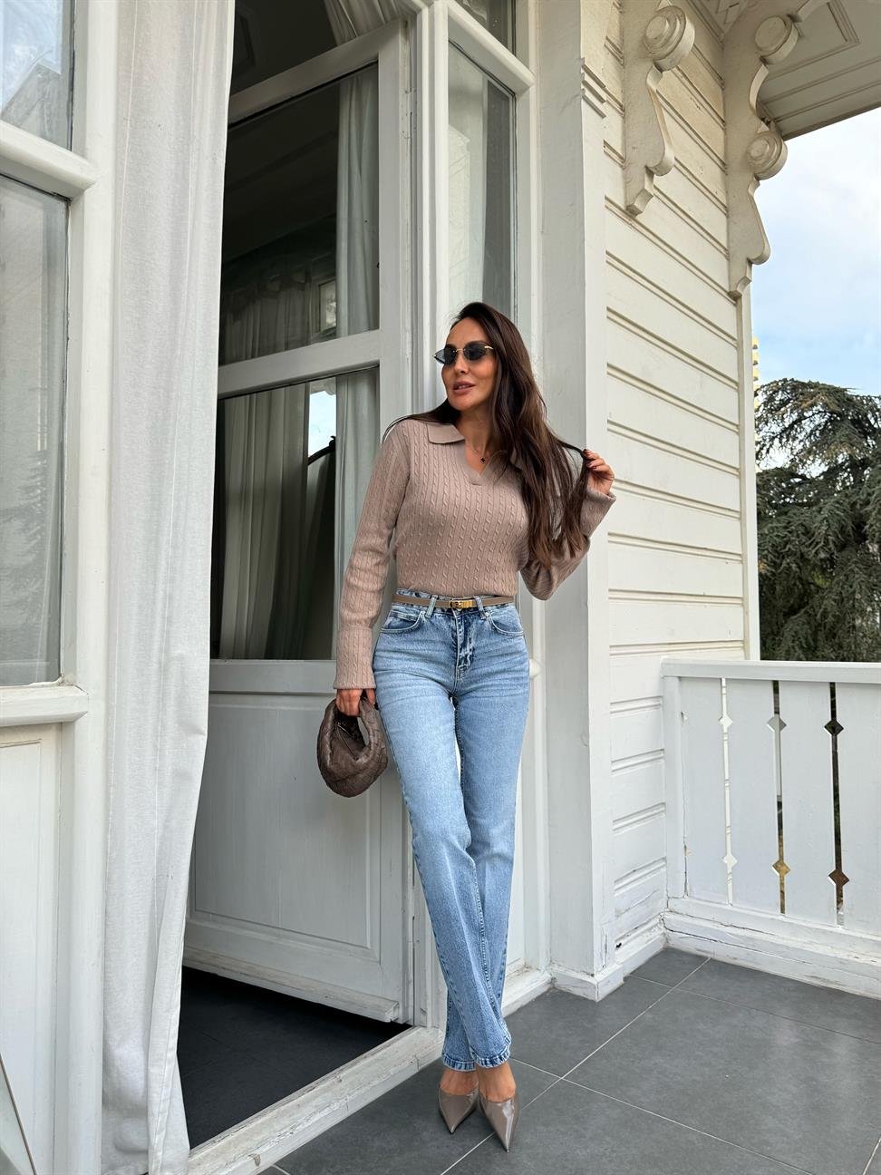 Koyu Vizon Polo Yaka Saç Örgü Triko Kazak