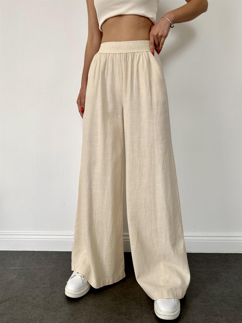 Krem Beli Lastikli Keten Panatolon