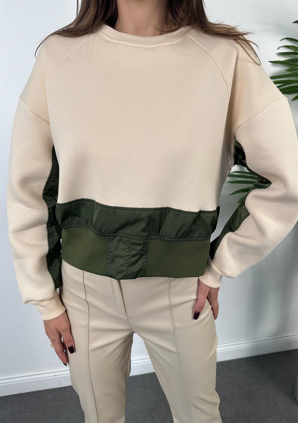 Krem Bisiklet Yaka İki Parçalı Oversize Sweatshirt