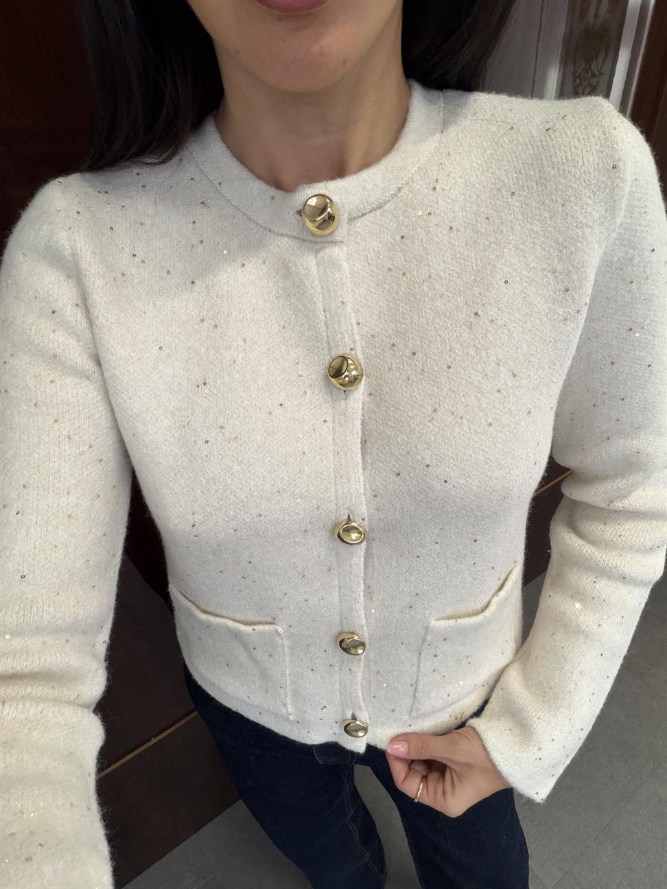 Krem Bisiklet Yaka Pullu Simli Düğmeli Triko Hırka